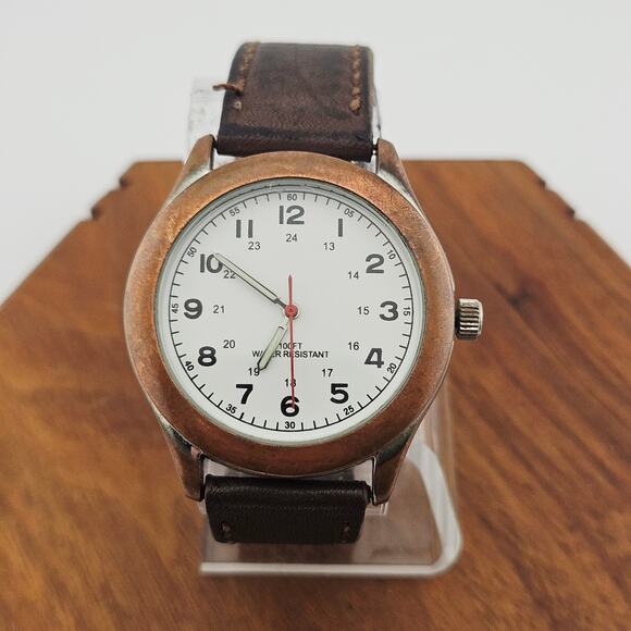 Cooper Tone Military Dial Watch Brown Leather Band Classic Everyday Casual Basic - Picture 1 of 6